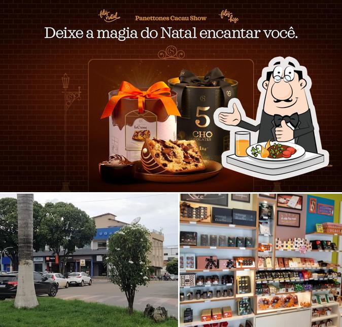 Esta é a imagem mostrando comida e exterior no Cacau Show