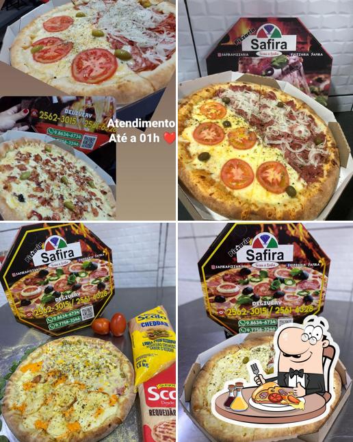 Escolha pizza no Safira Lanches e Pizzaria