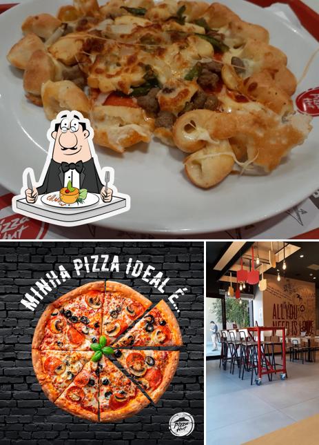 Dê uma olhada a imagem mostrando comida e interior no Pizza Hut Valinhos