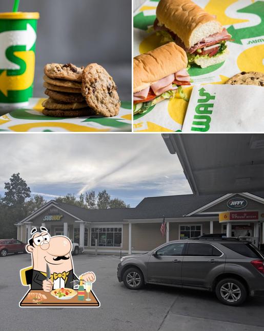 Check out the picture displaying food and exterior at Subway