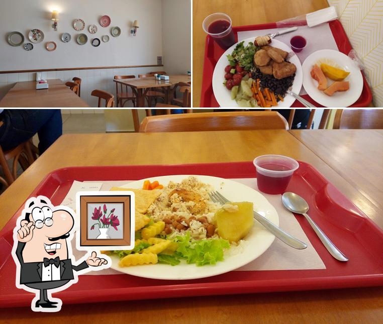 Confira a ilustração apresentando interior e comida no Lili Comida Caseira Restaurante
