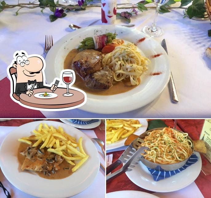 Plats à Restaurant Hard Birsfelden Küche, Fondue, Rösti, Filet auf heissem Stein, Sommerterrasse