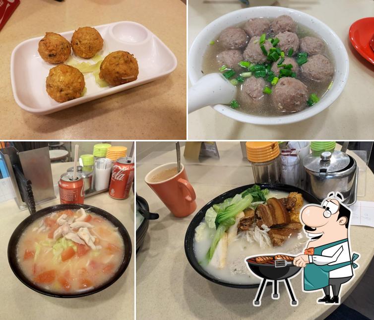 生記鮮魚湯米線 Sang Kee Rice Noodles tiene platos con carne