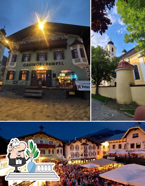 Check out the image depicting exterior and food at Restaurant zum Dampfl in St. Johann Tirol - mit Augustiner Biergarten
