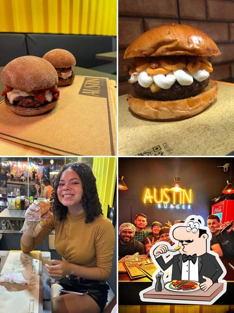 Dê uma olhada a ilustração ilustrando comida e interior no Austin Burger