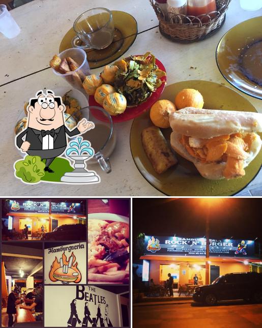 Dê uma olhada a ilustração mostrando exterior e comida no Hamburgueria Rock'n Burger