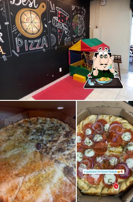 Dê uma olhada a ilustração ilustrando comida e interior a Skina da Pizza