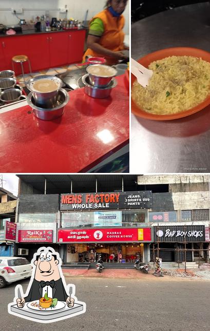 Check out the picture showing food and exterior at Madras Coffee Shop