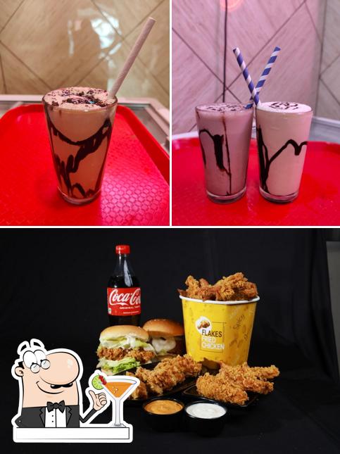 This is the image depicting drink and burger at Flakes Fried Chicken (Near Sona College)