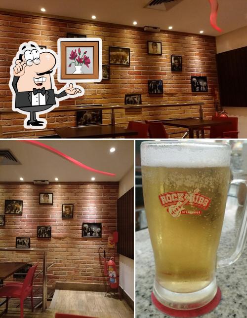 Dê uma olhada a ilustração mostrando interior e cerveja no Rock & Ribs