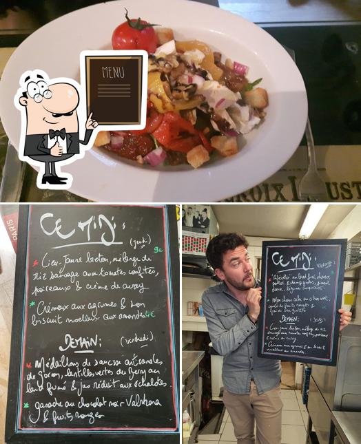 Among various things one can find blackboard and food at Le 2 rue des Dames