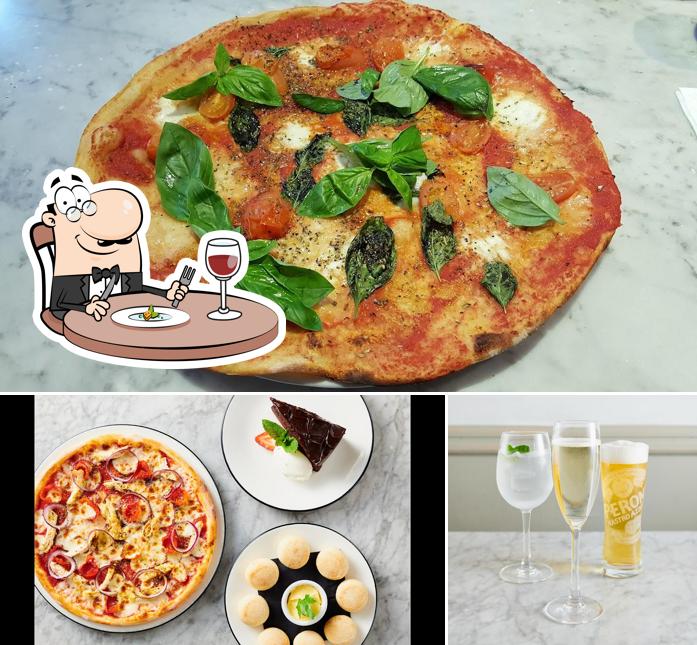 Take a look at the picture depicting food and alcohol at Pizza Express