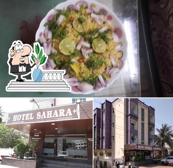 Take a look at the picture depicting exterior and food at Hotel Sahara Restaurant