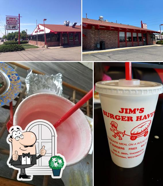 The image of Jim's Burger Haven’s exterior and drink