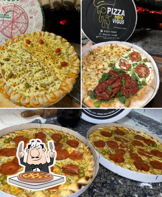 Escolha pizza no Pizzaria Nova Vigus