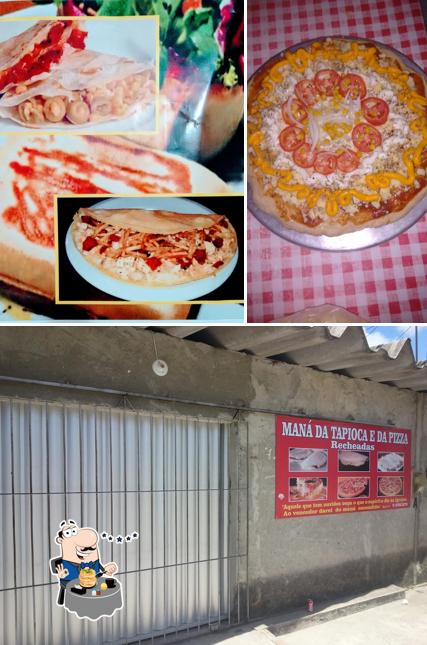 Dê uma olhada a foto ilustrando comida e exterior a Maná da Tapioca e da Pizza Recheada