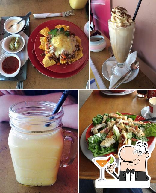 The photo of drink and dining table at Bookshop Cafe