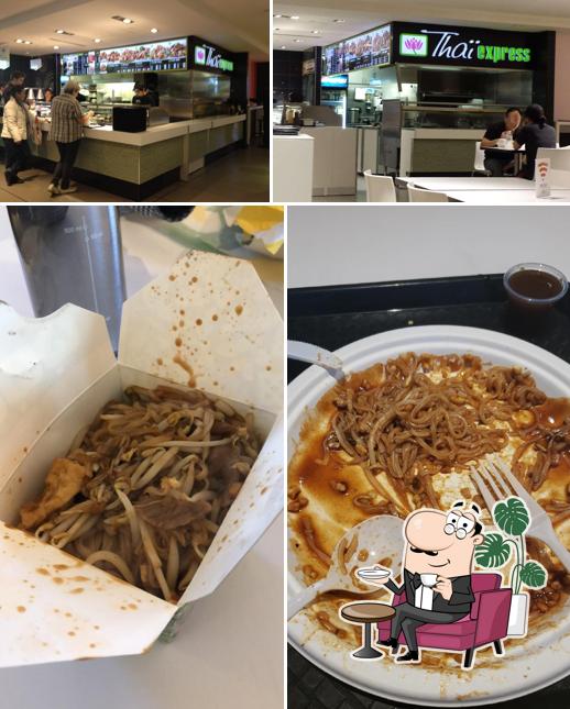 Take a look at the image displaying interior and food at Thai Express Restaurant Calgary