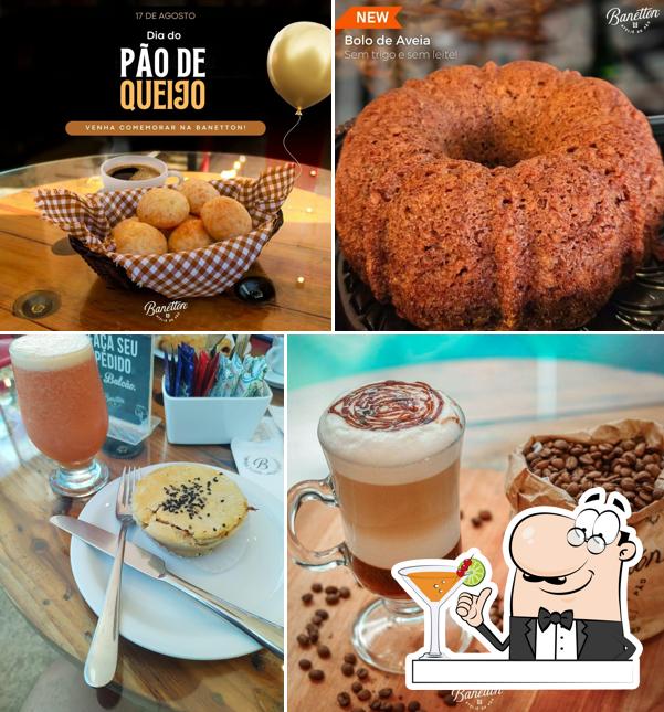 Entre diferentes coisas, bebida e comida podem ser encontrados no Banetton - Ateliê do Pão