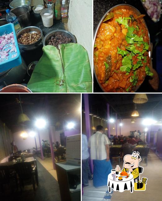 Take a look at the picture depicting food and interior at JRk Surya Hotel