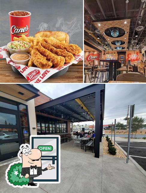 Take a look at the picture depicting exterior and food at Raising Cane's