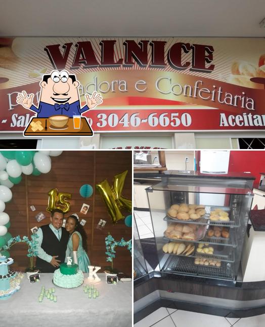 Entre diferentes coisas, comida e exterior podem ser encontrados no Panificadora e Confeitaria Valnice - Itajaí