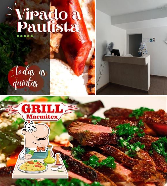 Confira a imagem apresentando comida e interior no Grill Marmitex