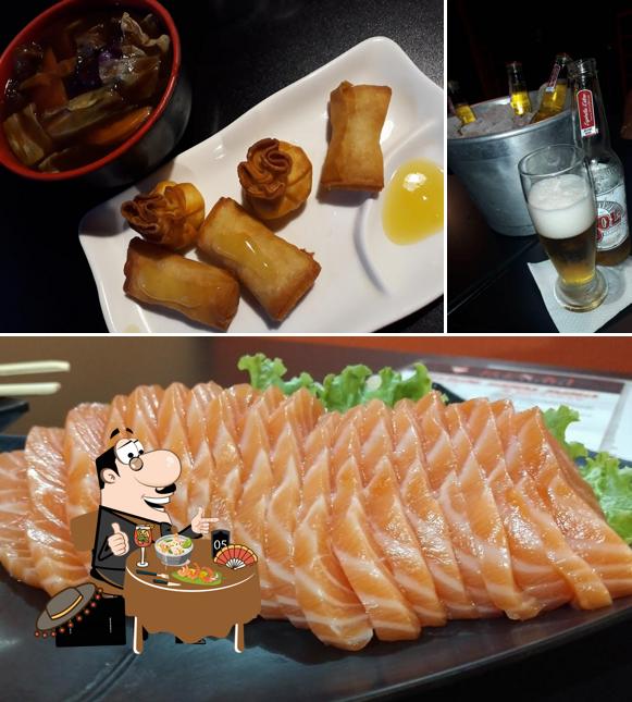 A ilustração da comida e cerveja no Hirai Sushi Express