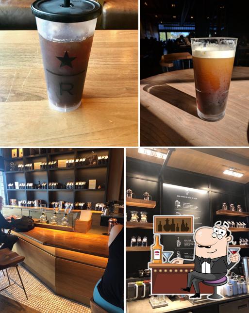 Among various things one can find bar counter and drink at Starbucks Reserve