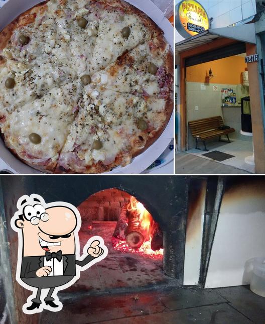 Esta é a ilustração ilustrando interior e pizza no Pizzaria Bom Sabor