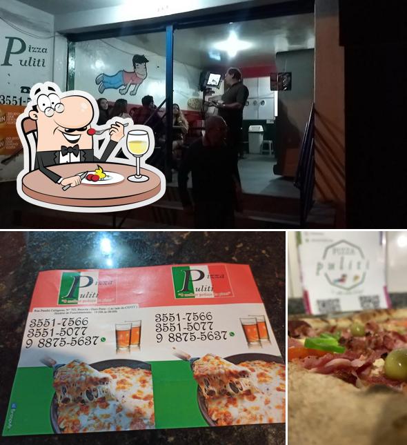 Entre diferentes coisas, comida e interior podem ser encontrados no Pizza Puliti