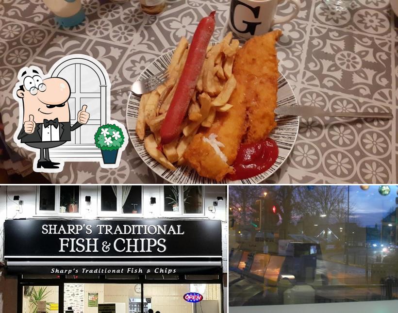 Check out the photo showing exterior and food at Sharp's Traditional Fish & Chips