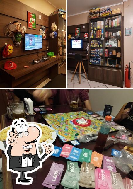 A ilustração da interior e mesa de jantar no Dados Drinks e Games