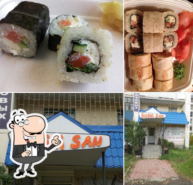 Это фото, где изображены внешнее оформление и еда в Sushi San