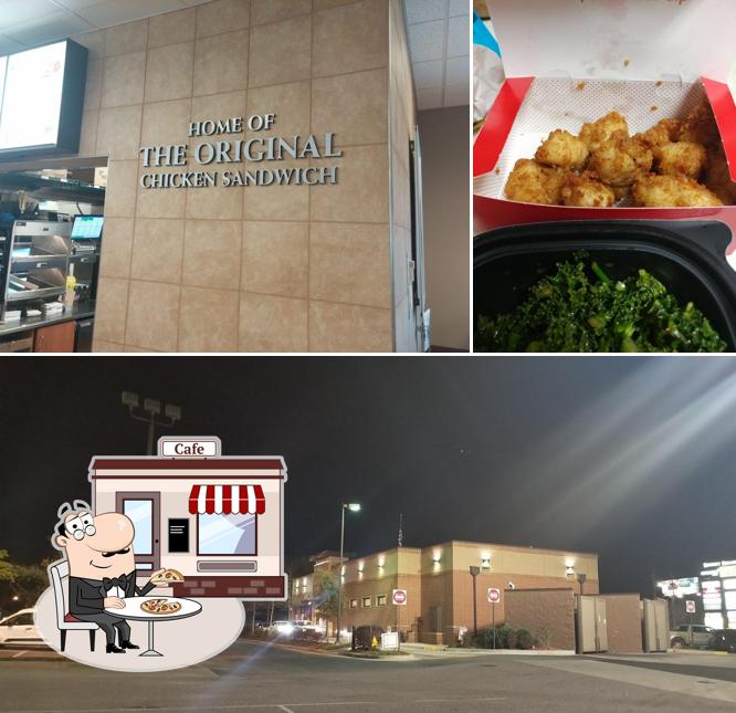 Take a look at the image showing exterior and food at Chick-fil-A