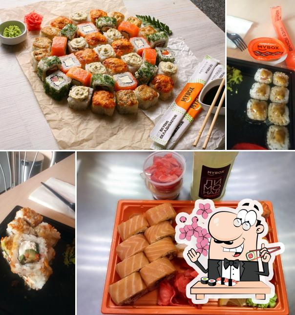 В "MYBOX - суши-маркетах, wok-кафе, доставка" предлагают суши и роллы