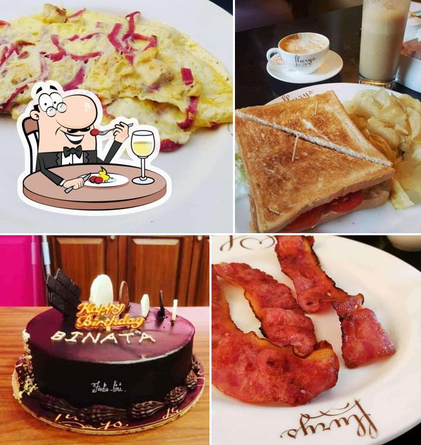Omelette, grilled cheese sandwich, chocolate cake and chicken wings at Flurys