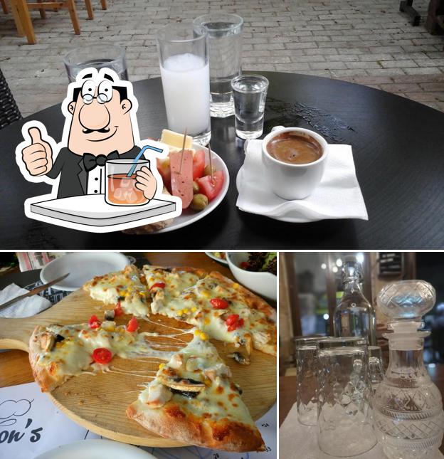 Take a look at the photo displaying drink and pizza at πλάτανος-Platanos Cafenio