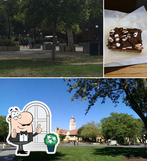 Among various things one can find exterior and dessert at Stanford Bookstore Cafe