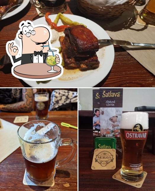 This is the picture depicting drink and meat at Šatlava - Ostrava Poruba