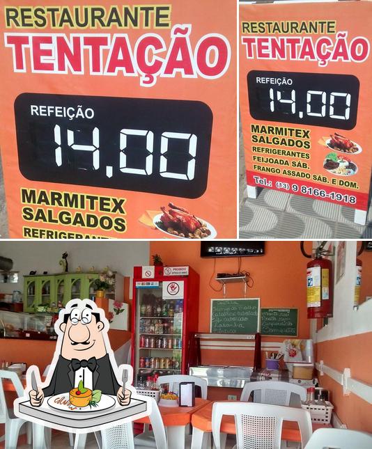 Esta é a ilustração mostrando comida e interior no Restaurante Tentação