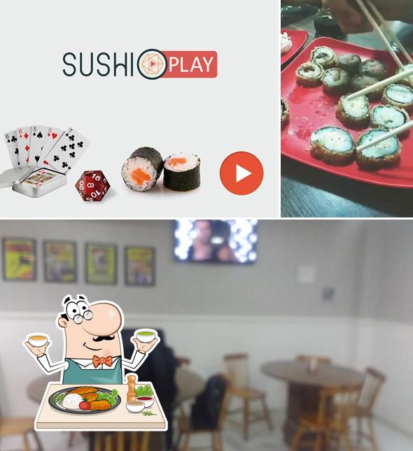 A imagem da comida e mesa de jantar no Sushi Play