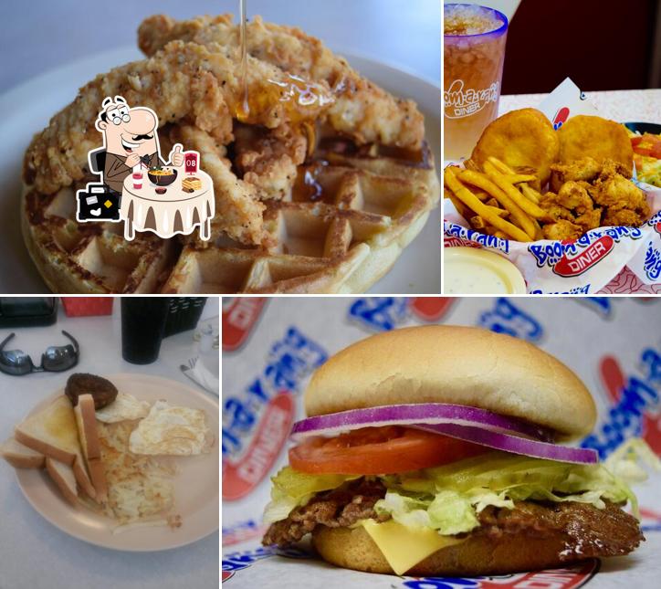 Рыба и картофель фри и гамбургер в "Boomarang Diner Mustang"