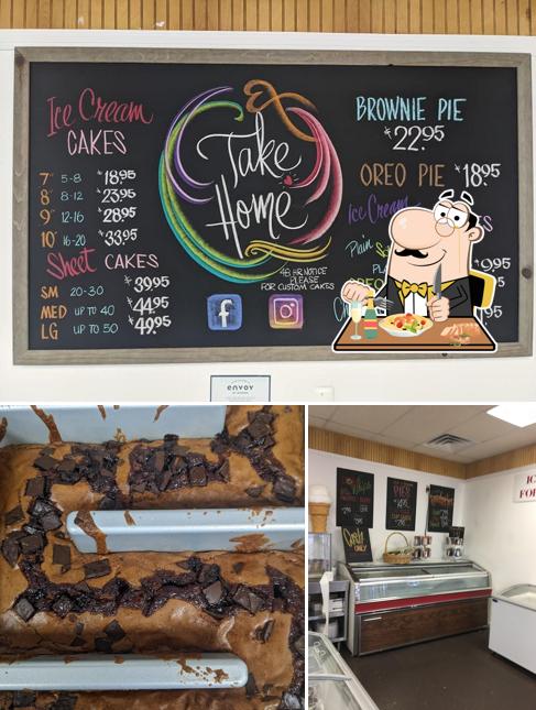 Among different things one can find food and blackboard at Scoops Ice Creamery