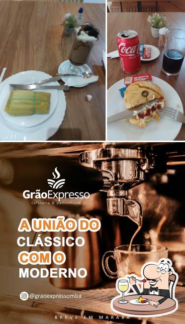 Entre diferentes coisas, comida e bebida podem ser encontrados a Grão Expresso Cafeteria & Pamonharia