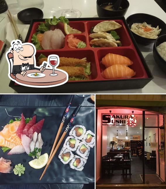 Take a look at the picture showing food and interior at Sakura Sushi