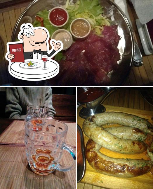 Take a look at the picture displaying food and beer at Bochka
