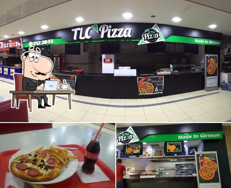 Это фотография, где изображены внутреннее оформление и еда в TLC Pizza