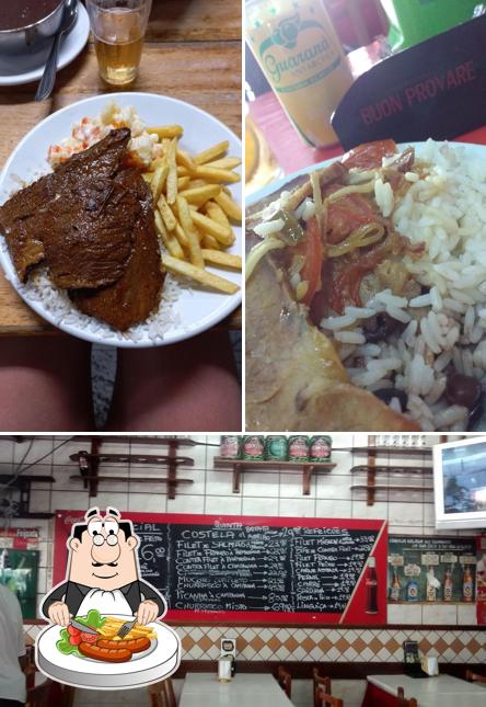 Esta é a foto mostrando comida e quadro-negro no Buon Provare Bar e Restaurante