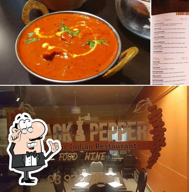 Take a look at the image showing interior and food at Black Pepper